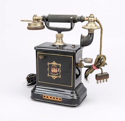 Crank telephone, Denmark, circa 1900, lacquered metal body with plastic fittings, marked 