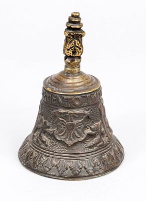 Table bell, 19th century or older, bronze. Circumferential relief decoration with sacred scenes 