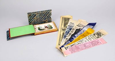 Poetry album and Vivats ribbons, 19th and early 20th century. Album as a book-style folding box 