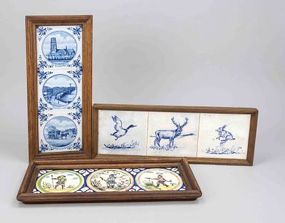 3 tile pictures, Holland 19th/20th century, ceramic in oak frames. Different motifs, 3 x 