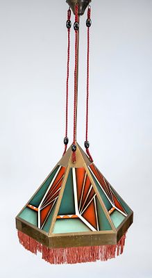 Art-déco Deckenlampe, 1. H. 20. Jh., hexagonaler Schirm aus Messing und Glaseinsätzen mit 