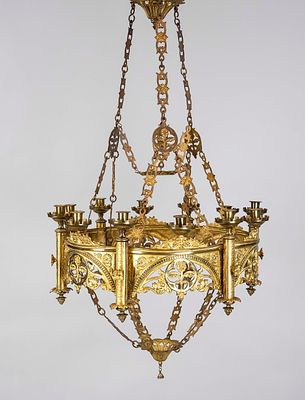 Kirchenlampe, Ende 19. Jh., Messing/Bronze mit Restvergoldung. Durchbrochen gearbeiteter und 