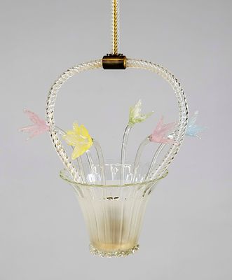 Deckenlampe als Blumenkorb, Italien (Murano), 20. Jh., Korb mit gedrehtem Henkel und 6 