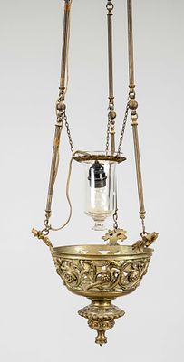 Gotteslampe, Ende 19. Jh., Messing. Durchbrochen gearbeiteter Korb an 3 Zierstangen 