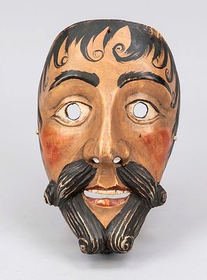 Perchtenmaske, alpenländisch 19./20. Jh., Nadelholz polychrom gefaßt, ausdrucksstarkes Gesicht 