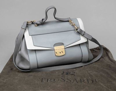 Trussardi, Grey Satchel Bag, partially grained calfskin in various shades of gray, gold-colored 