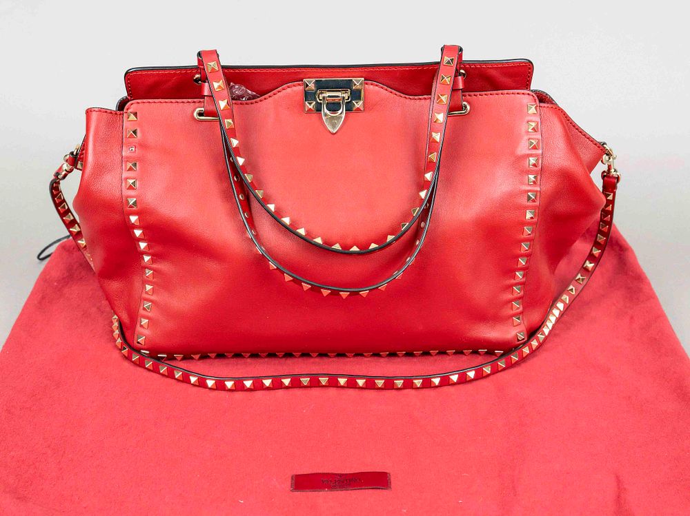 Valentino Garavani, Medium Rockstud Tote Bag, cherry red smooth leather, gold-colored hardware 