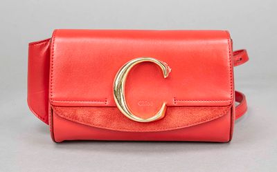 Chloé, ''C'' Belt Bag, bright red smooth leather with details in matching suede, gold-colored 