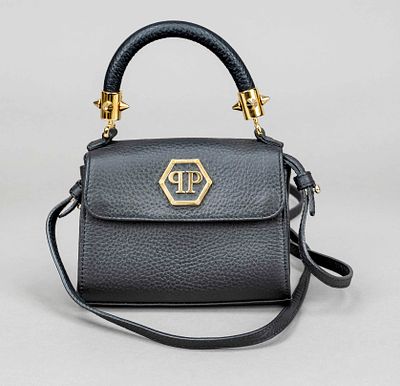 Philipp Plein, Micro Top Handle Bag, black grained leather, gold-colored hardware, short rolled 