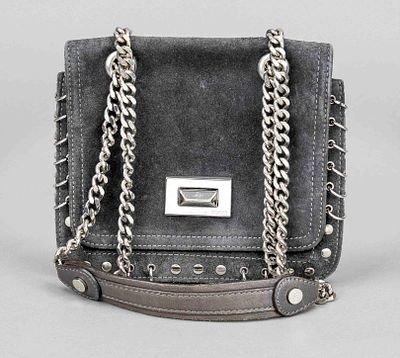 Emilio Pucci, small vintage crossbody bag, dark gray suede with lavish trim of decorative studs 