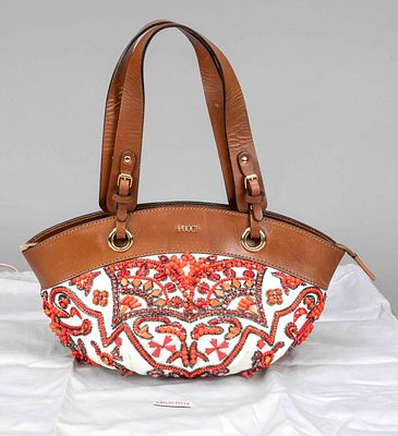 Emilio Pucci, Embroidered Leather and Canvas Summer Shoulder Bag, white canvas with 