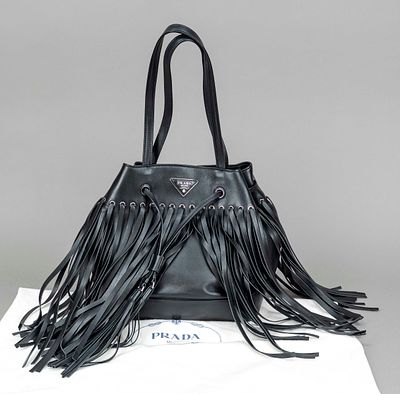 Prada, Soft Calfskin Fringe Bucket Bag, black calfskin leather, silver-colored hardware 