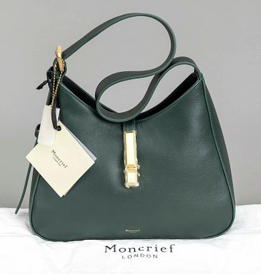Moncrief, Small Elsa Bag, pine green grained leather, gold-colored hardware, single adjustable 