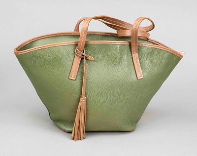 Marlon, Large Green Leather Shopping Tote Bag, olive green coarse-grained leather with 