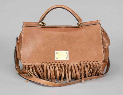 Dolce Gabbana, Large Sicily Fringe Bag, fawn-brown fine-grained cowhide leather, gold-colored 
