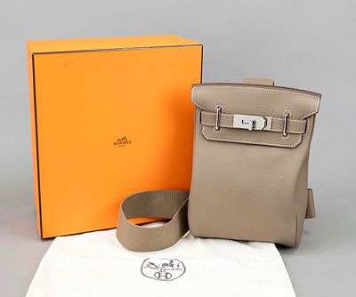 Hermes, Hac a Dos Backpack, taupe-colored grained Togo calfskin leather with white decorative 