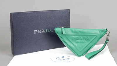 Prada, small green leather triangle bag, emerald green finely grained leather, silver-colored 