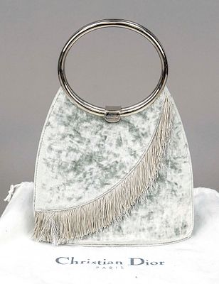 Christian Dior, small vintage evening bag, iridescent silver-gray velvet with partial fringe 