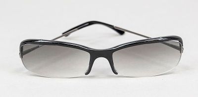 Prada, sunglasses, semi-opaque plastic frame in black with narrow metal side arms, gray-tinted 
