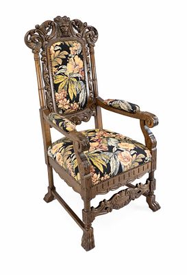 Historismus Armlehnstuhl, Ende 19. Jh., Eiche. Durchbrochen gearbeitet und beschnitzt mit 