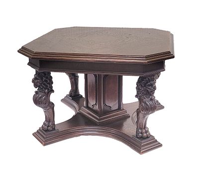 Historismus-Esstisch um 1880, Eiche, üppiges zeittypisches Schnitzwerk mit vollplastisch 