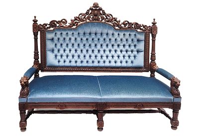 Gründerzeit-Sofa um 1870, Eiche, üppiges zeittyptisches Schnitzwerk, Armlehnenden mit 
