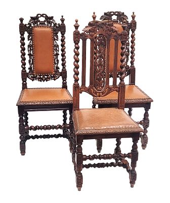 Drei Gründerzeit-Stühle um 1880, Eiche, ein Paar und ein einzelner Stuhl, zeittypisches 