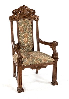 Prunkvoller Armlehnstuhl im Neo-Renaissance-Stil um 1880, Eiche massiv, Armlehnenden in Gestalt 