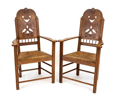 Paar Worpsweder Armlehnstühle, rückseitig sign. Heinrich Vogeler, Eiche, Sitz mit 