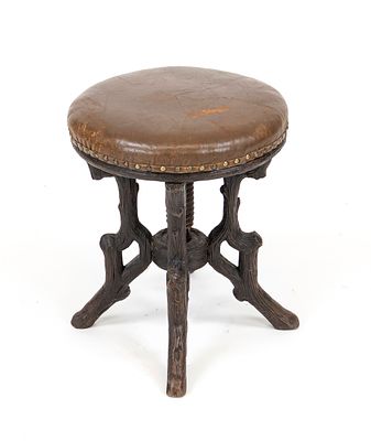 Klavierhocker um 1900, Holz organisch in Astform geschnitzt, höhenverstellbar, D. 40 cm