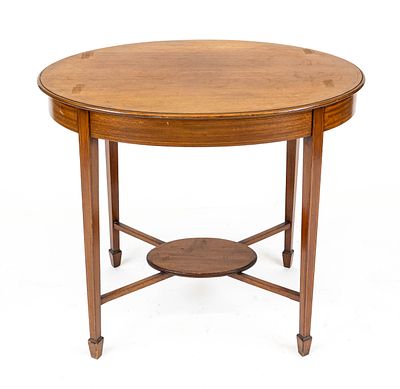 Ovaler Beistelltisch um 1900, Mahagoni, Zarge und Platte mit Fadeneinlage, 77 x 84 x 58 cm