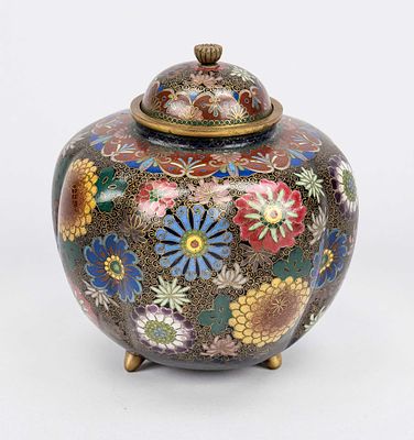 Cloisonné lidded box, Japan, circa 1900 (Meiji), bulbous and lobed body on three feet 