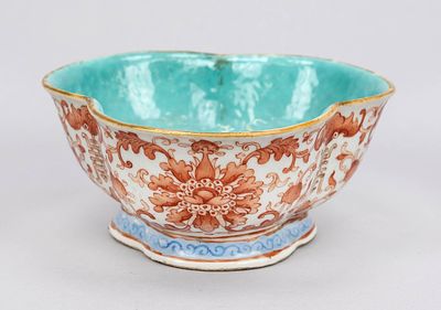 Three-pass bowl, China, 19th century (Qing), outer wall with iron-red lotus blossoms, tendrils 