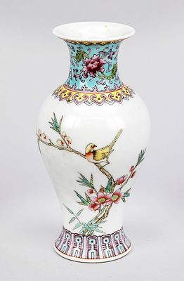Small famille rose vase, China, 20th century, shouldered shape with indented neck and flared 