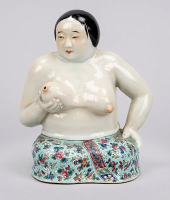 Erotic female figure, China, probably Republican period, porcelain, polychrome decoration. One 