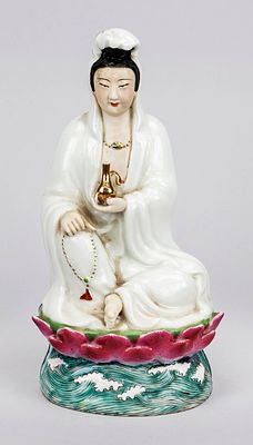 Guanyin, China, 20th century, porcelain (bisque porcelain), polychrome and gilt. Seated on a 