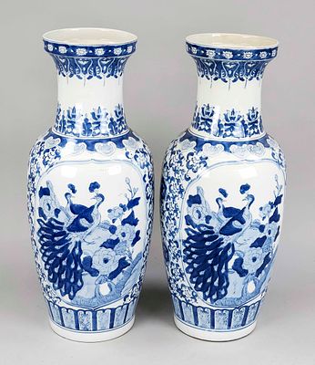 Pair of floor vases, China, 20th century, decorative border in cobalt blue under the glaze, H. 77 cm