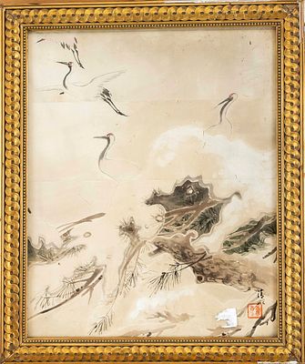 Ink painting, China/Japan, first half of the 20th century, cranes in a snow-covered pine tree. 