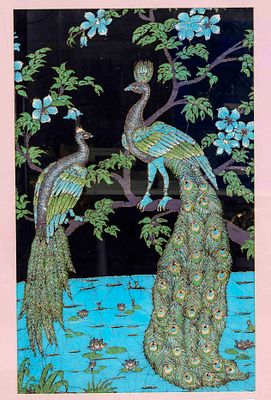 Large embroidery, Asia, 20th century, silk? with metal threads. Pair of peacocks on a branch 