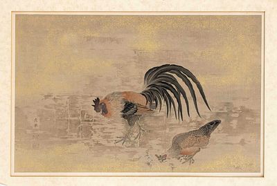 Ink drawing with chickens, Japan around 1900 (Meiji), ink, light colors, and gold on paper. 