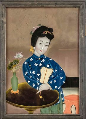 Reverse glass painting, China, early 20th century, portrait of a lady with a fan. Profiled 
