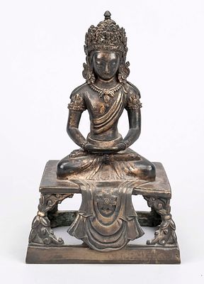 Buddha Amitayus, China, bronze. Seated in Padmasana on an openwork base. Aureole and attribute 
