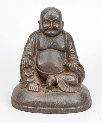 Budai (Buddha), China, age uncertain, cast iron. Seated on a curved pedestal. In his left hand 
