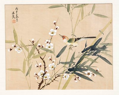 2 silk paintings, China, 20th century, 1 x landscape and calligraphy, light measurement 33 x 22 