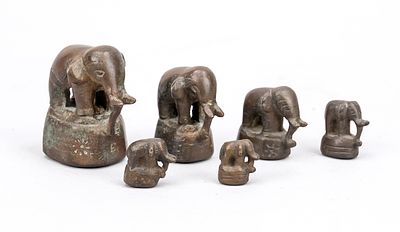 Set of 6 figurative opium weights, Burma, exact age uncertain, bronze. Elephants approx. 2 to 5 