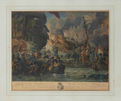 Mattheus de Sallieth (1749-1791), View of a historic naval battle, ''De Beroemde Onderneming op 