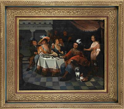 Unknown master, probably 18th century, castle interior with royal company at a banquet, oil on 