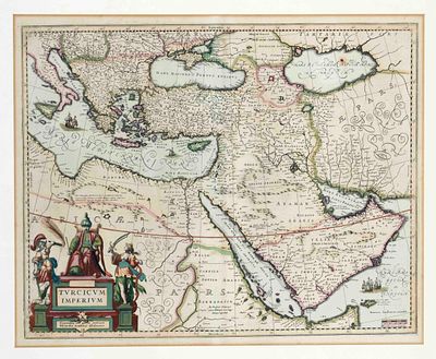 Historical map of Turkey, Ottoman Empire, ''Turcicum Imperium,'' bordered copper engraving by 