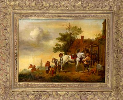 Dutch painter of the 18th/19th century, ''At the blacksmith's,'' oil on wood, unsigned, minimal 