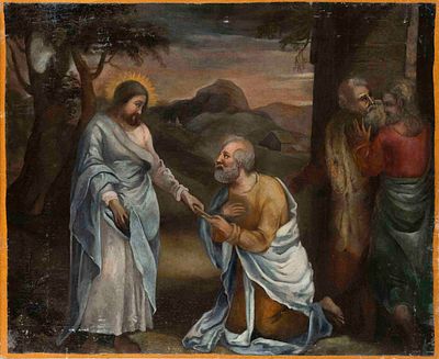18th century painter, biblical scene, oil on canvas, mounted on cardboard, restored and 